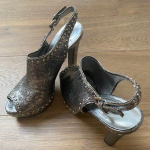 BCBGeneration size 7.5 Silver open toe high heel bootie with silver studs